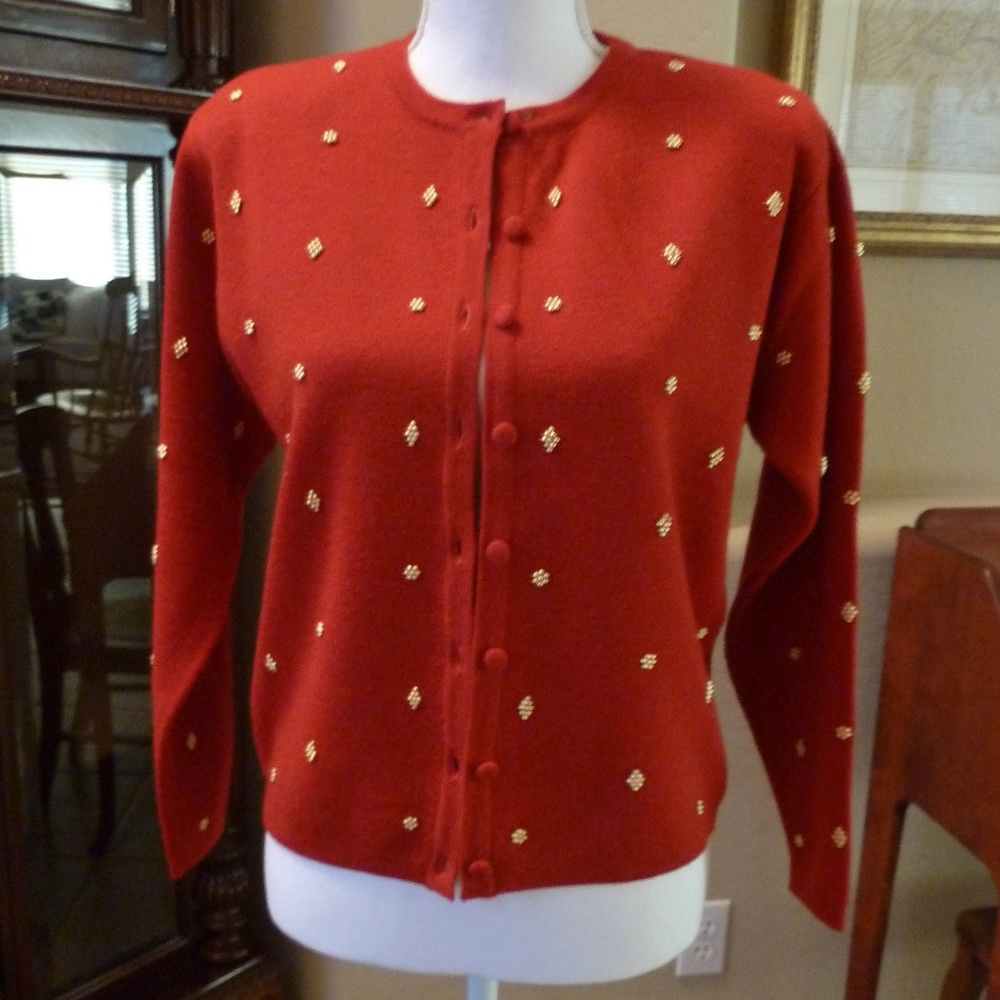 Red Cardigan with Gold Beads EUC sz S